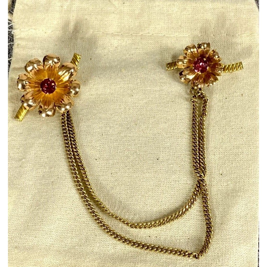 Vtg Van Dell 120 12kt Gold Filled Pk Rhinestone Flower Chatelaine Double Brooch 36$